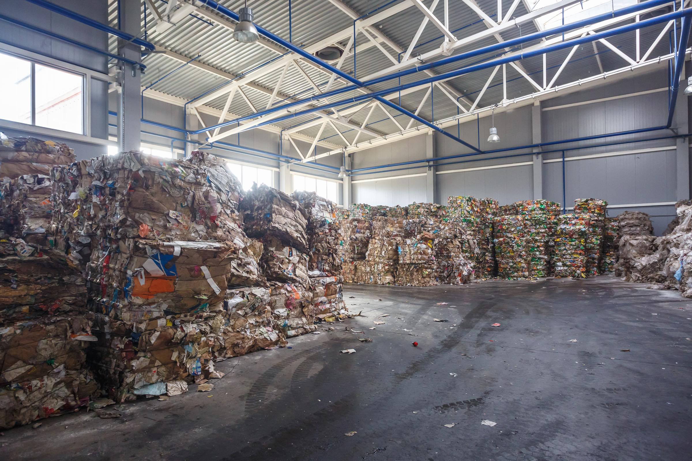 Plastic bales at a recycling facility